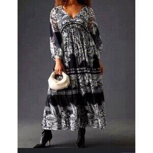 Vineet Bahl Antropologie Printed Maxi Dress Size M Petite Blue White Floral